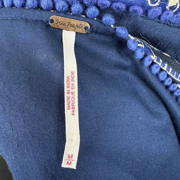 Free People My Love Mini Dress Long Sleeve Swing Pom Pom Paisley Blue Med Boho - Picture 12 of 16